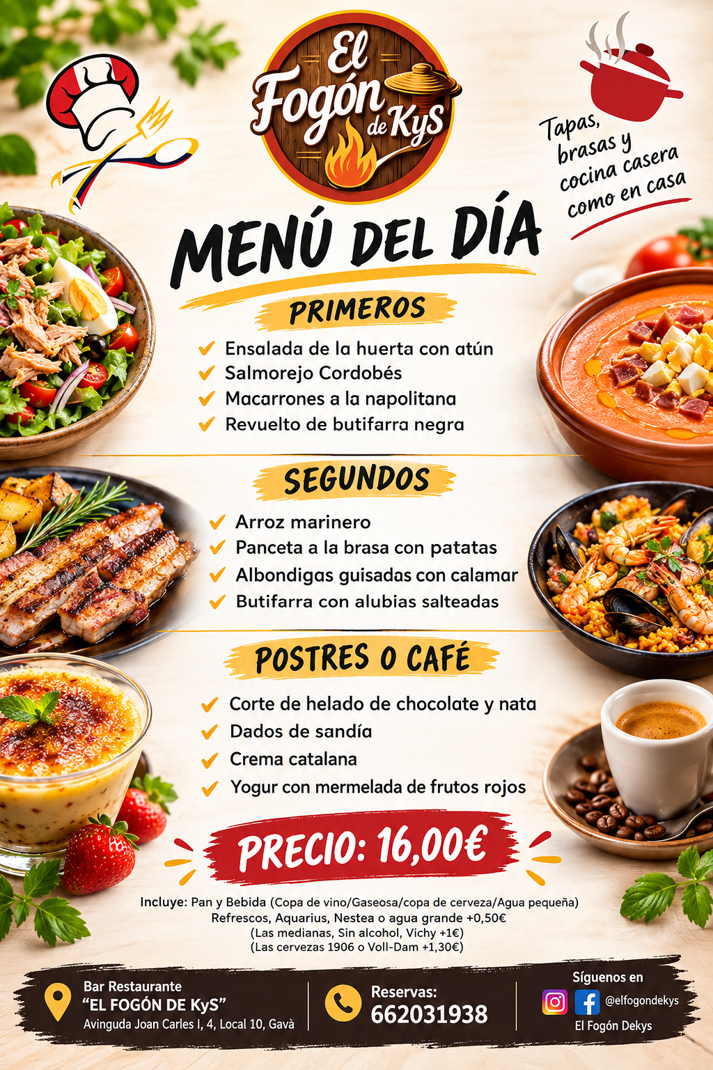 Carta del menú Fogón Kys de esta semana con primeros, segundos y postres